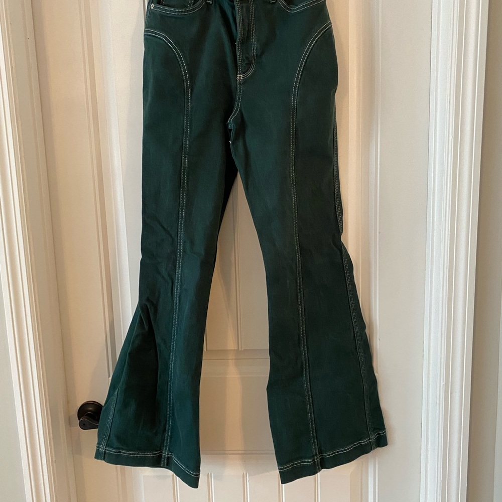 Free People High Rise Foxy Flare Green Denim Pant - Picture 2 of 6
